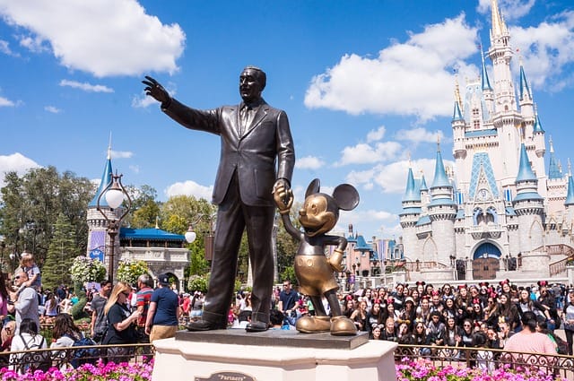 Walt Disney statue with Mickey Mouse in Disneyland